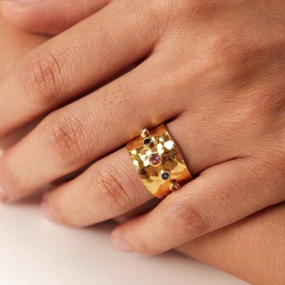 New 18KG FP Cubic Zirconia Rainbow Textured Gold Plated Open Cuff Cocktail Ring - Picture 11 of 15